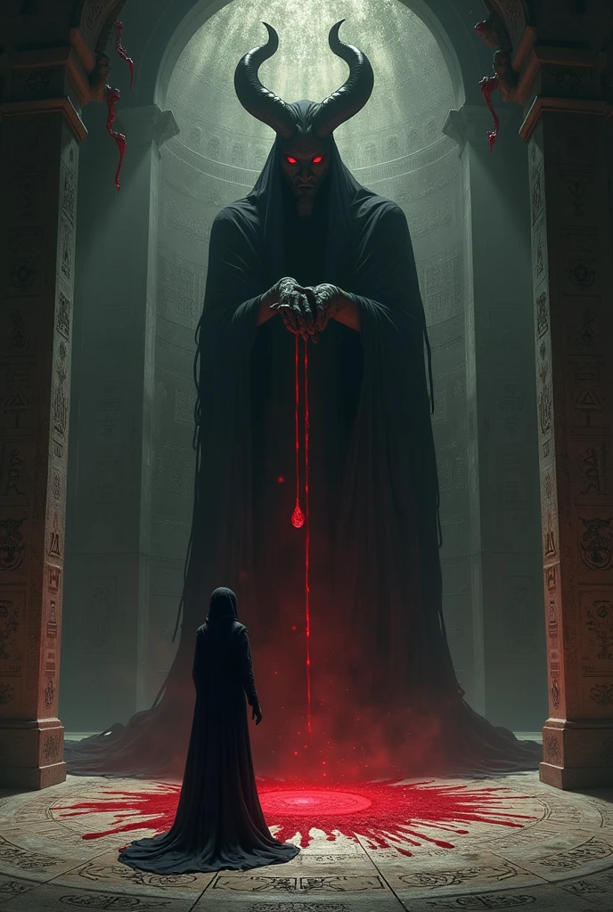 Theron finds a hidden chamber in the recesses of Hades, where the walls are covered with dark and arcane symbols. Aidos, the corrupted spirit of shame, appears before him as a hooded, spectral figure with eyes glowing in a malevolent red, wrapped in shadows."