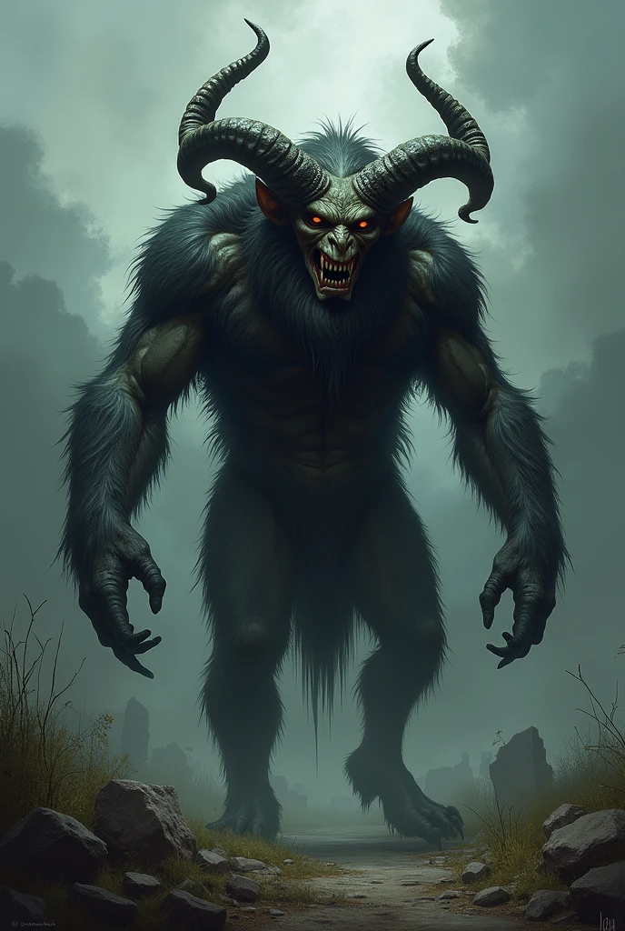 A big mysterious monster like a demon A devastated world