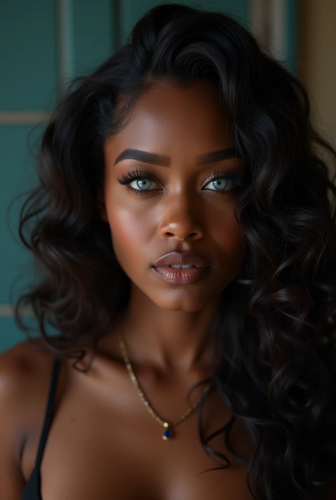19 year old Haitian very black girl, very dark skin,
 blue eyes, long curly hair wearing red lipstick, wearing a metallic blue dress 