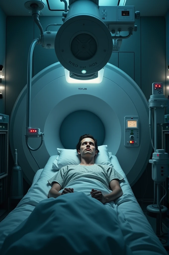 1boy、Handsome Men、Japanese male, 、Completely naked、Full nudity、erection、Huge penis、Highest quality、Realistic、beautiful、Sad look、MRI scan at the hospital、Arms above head、A nurse in a white coat next to me