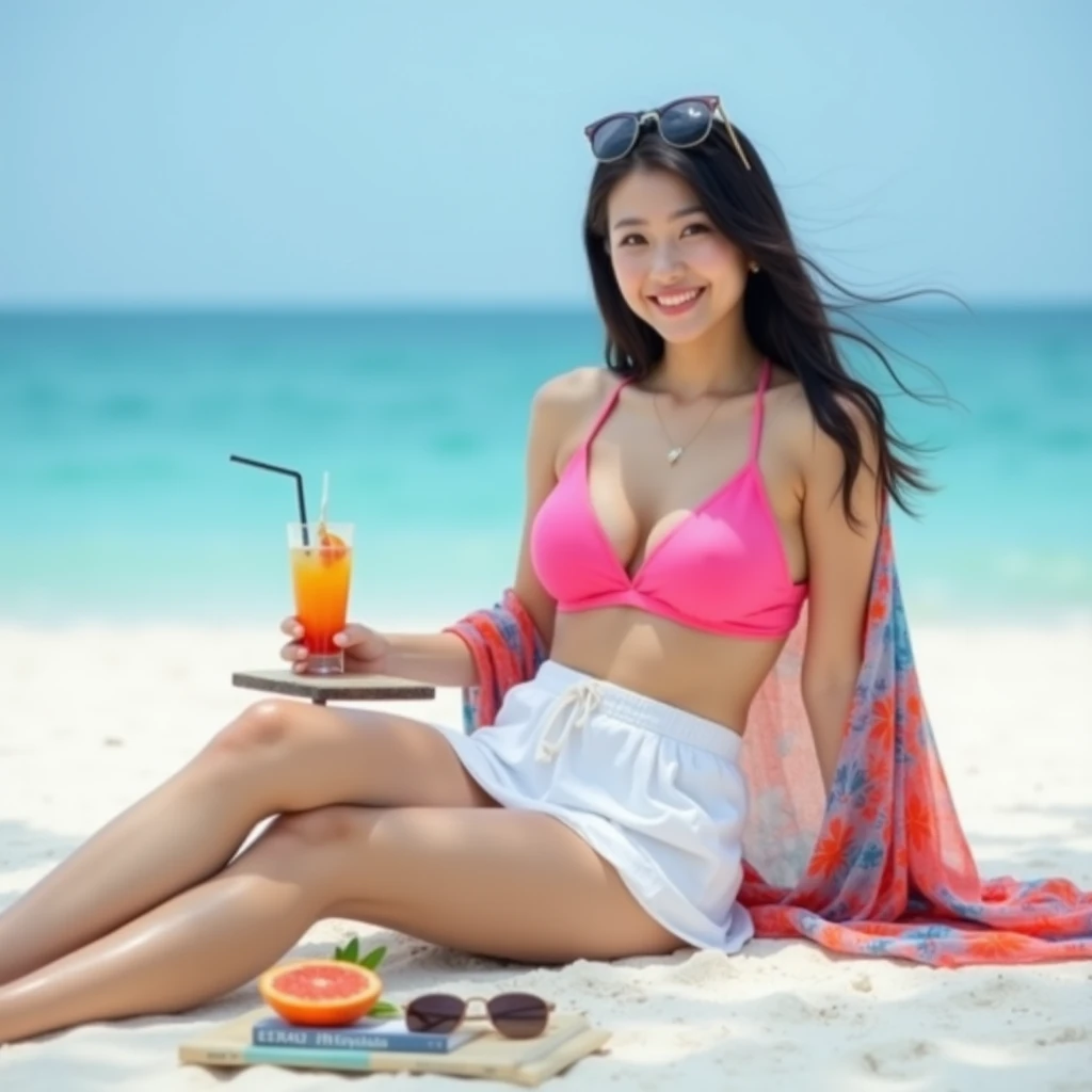 a beautiful girl who's age 25 wear a slim pink bra and also wear a shot white beach pants, stands at sea beach near a cocnut tree, have a charming smile, detailed skin, masterpice, she keep a glass of drinks on her hand