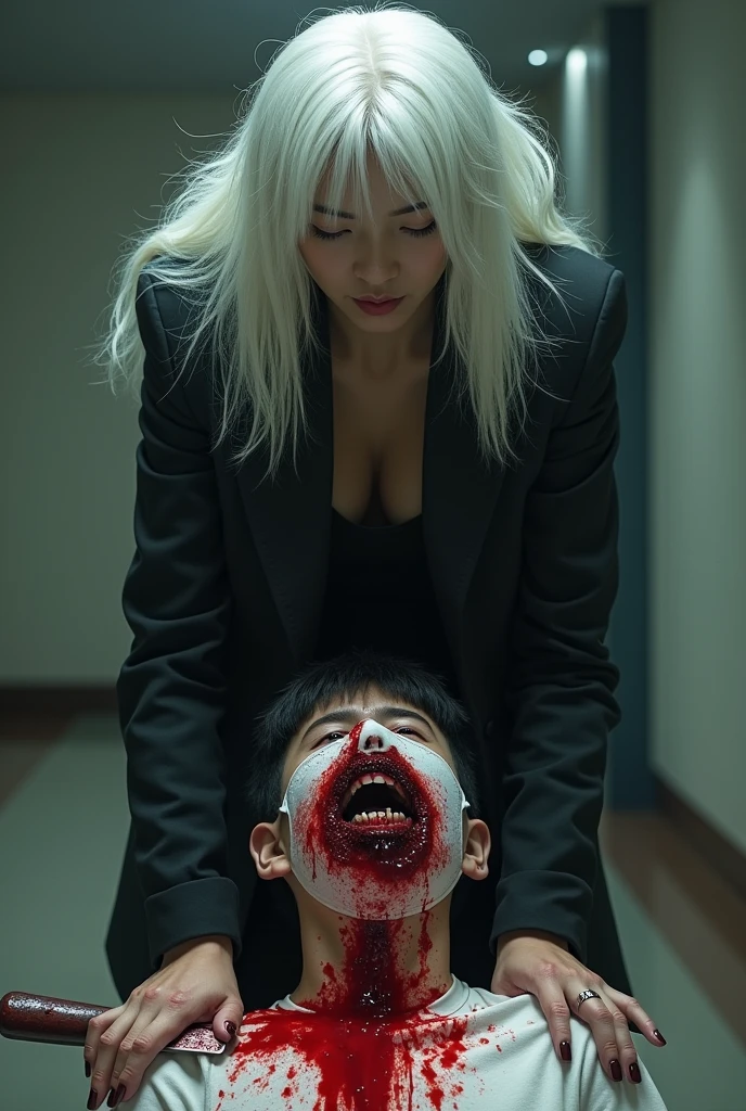 (((photorealistic:1.4))), ultra realistic, pores, (((masterpiece))),high quality, ultra details, realistic white skin beautiful face pretty korean idol adult womansmiling, showing very long sharp claws black fingernails, long yellow hair, long earrings, finger rings, big necklace, model, very pretty face, vein on hands, sitting on old man head with deep cuts on throat and ripped, wound, blood splatter, extreme gore, bed, modern luxury hotel room, looking at camera, lots of money on the floor,
