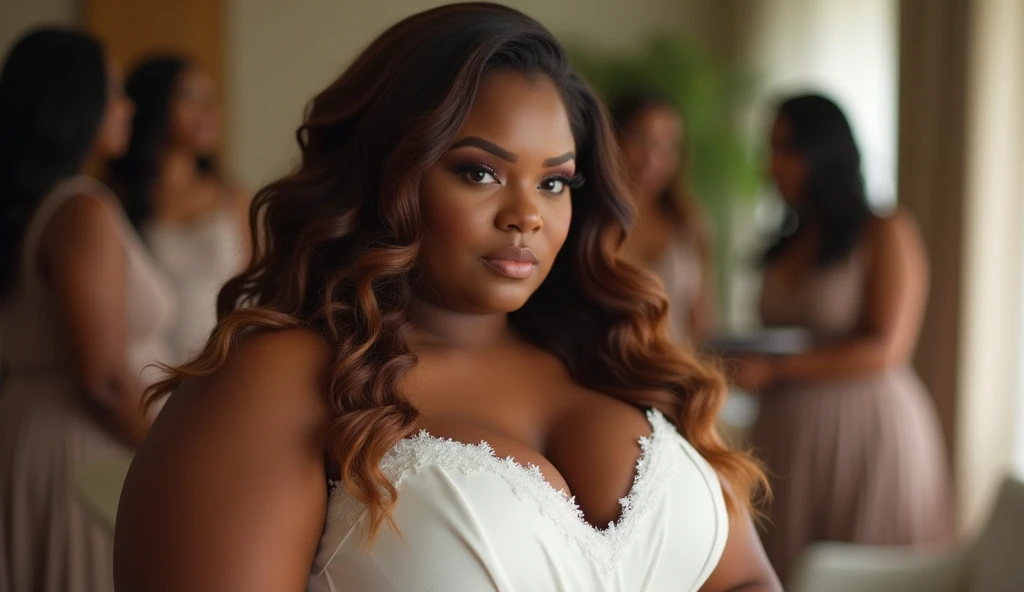 With a surprised and crushed face generate an image of a curvy skinny black bride in a nice interior 