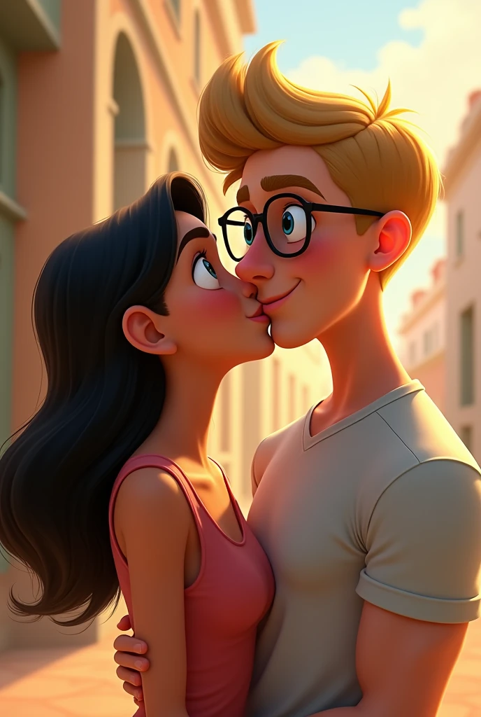 A couple hugging, The girl is smiling, she is of robust build with wide legs, small ears and light complexion., wide nose big brown eyes hair in a bun and straight curtain bangs, She wears a beige tank top and black jeans. The boy with a thin build, tez morena, He wears square glasses, a wide nose, small eyes, short dark straight hair, small ears, and wears black jeans and a gray t-shirt., Disney poster style