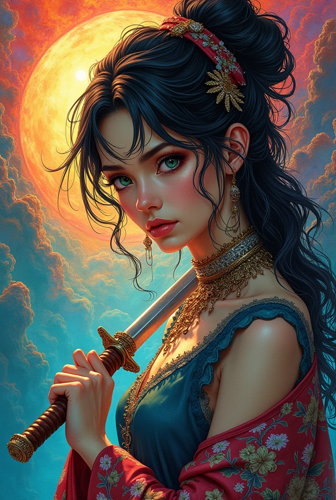 ((melhor qualidade)), ((obra-prima)), (detalhado), Empress Dragon "Jennifer Connelly", olhos realistas, cabelo preto, olhos azuis, seios pequenos, vestido de setin koreano sensual, paisagem maligna, ethereal beauty, (Fantasy Illustration:1.3), olhar encantador, pose cativante, garota solo, charme sobrenatural, mystical sky, gazebo,(escultura em papel:1.5),Stooping, (Mar de nuvens brancas:1.3), (nuvens brancas:1.3), (peach blossom:1.2), Montanhas, soft lighting,Elementos Orientais, sonhador, pastels colors, cores brilhantes, Traditional Chinese color scheme, ( Reasonable design, linhas claras, alta nitidez,melhor qualidade, Very detailed, master part, arte oficial, Efeito de luz do filme, 4k ),