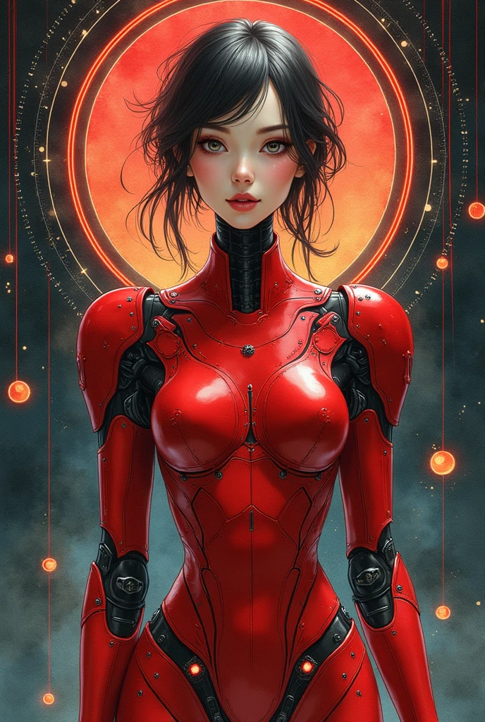 Sorayama style, metallic arm, ((( best quality ))), ((( masterpiece ))), ((( absurdres ))), (( whole body))), Goddess of death wielding a large scythe, hair totally black as night, silver star glued to the body, vampire wearing a red cape, perfect and defined body, Simon Bisley style for a cover of Heavy Metal magazine, (( tiny thong made of gleaming metal )), (( large breasts semi covered by gleaming metal )), generous neckline, necklace of small human skulls, earring of bones, night scenery with a gigantic blood moon, ((( whole body ))), ((( red ))), ((((whole body)))