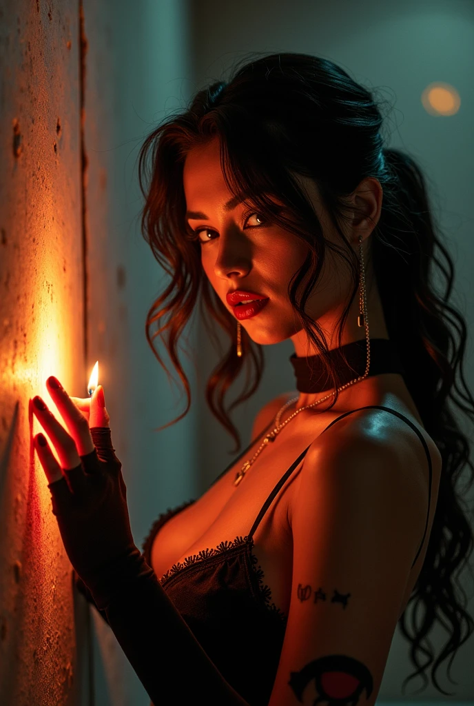 a buff tall emo pale vampire gothic woman snarling with fangs DJing gothic inspire goth DJ decks with glowing hex circle magic infusion design , depicting occult themes,