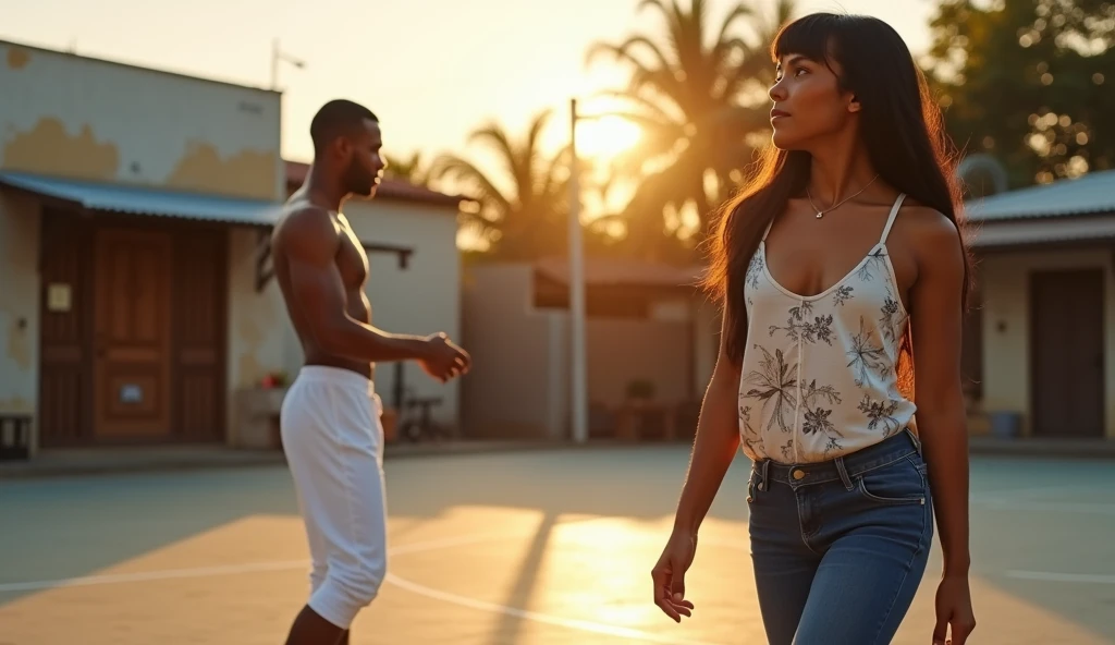 (Masterpiece), Best quality, 1 daughter of Ebony, Un boob out, Des yeux parfaits, 1 boy, debout, Souriant, visage parfait, girl giving manual work to the man, Parfait , Girl wearing a summer dress, ((girl wearing headphones)), Maison en bois, corps entier