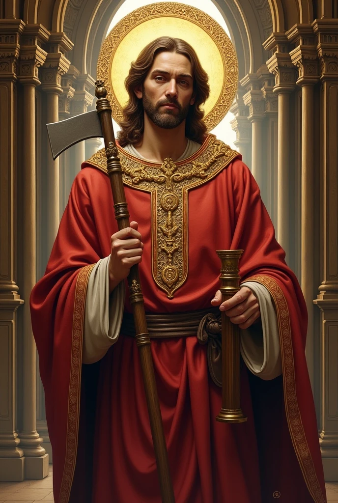 image of Saint Bartholomew the Apostle has a cream and red suit, has a knife in one hand, dark brown hair and beard
