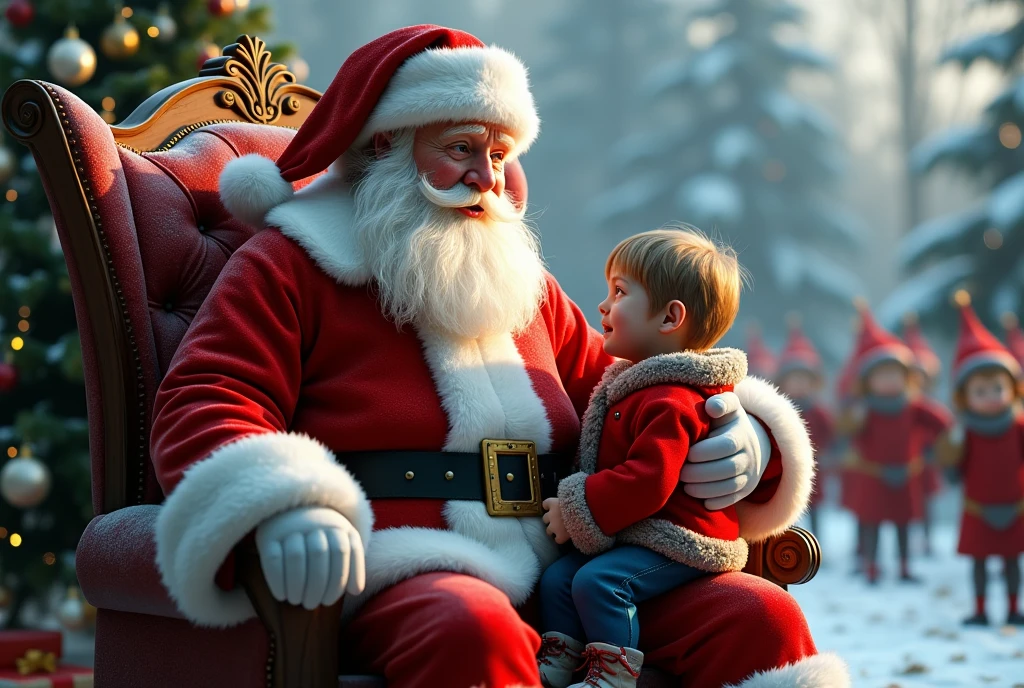 (Photorealsitic:1.4), (​masterpiece:1.3), (top-quality:1.4), ((ultrarealistic)), HD 8k, Santa, a fat jolly old man with white hair and white beard wearing a red and white santa costume is sat on a large plush chair. A  sits on Santa's knee. More ren are standing in queue, lining up waiting to see Santa. Snowy background with Christmas tree and Elves.