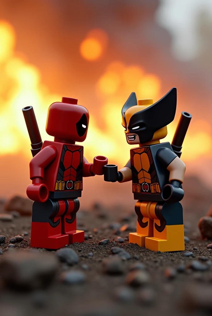 Photorealistic image of Lego action figurines of Deadpool and Wolverine, captured in high detail, with vibrant colors and sharp focus, highlighting the characters' iconic features in a lifelike and playful way