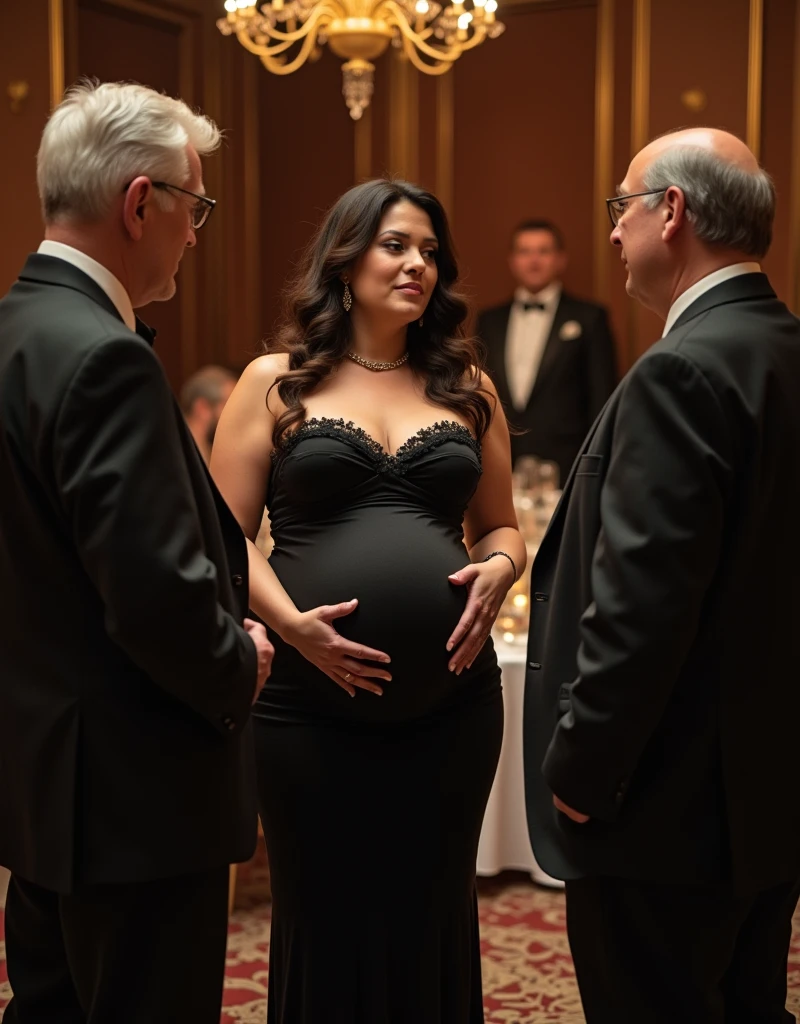 older middle aged caucasian maid in formal maid uniform with back pain with enormous pregnant belly standing in estate dining room serving dinner to 6 wealthy african American women sitting at formal table