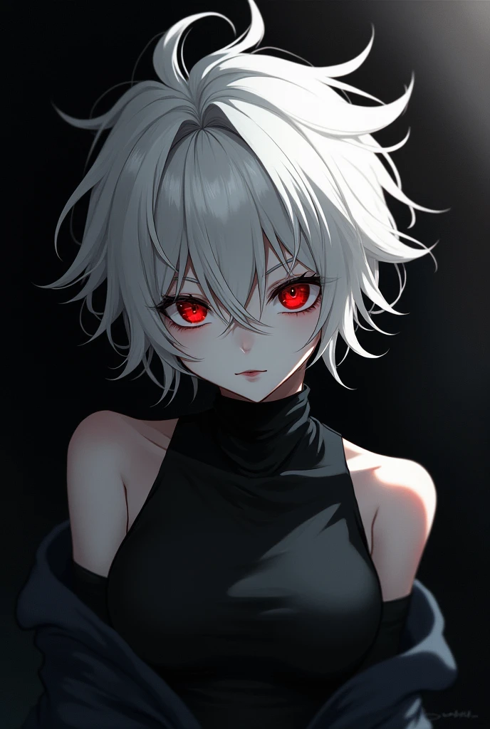 (absurdres, highres, ultra detailed),(Masterpiece, best quality:1.2),Anime boy with white hair and red eyes staring at the camera, glowing red eyes,slim, wearing a black outfit,shadow body,dark, monochrome, wallpaper,