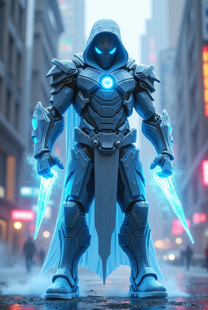 A  boy in blue armor with plasma knife on his elbows with his one eye helmet glowing blue and with a helmet 