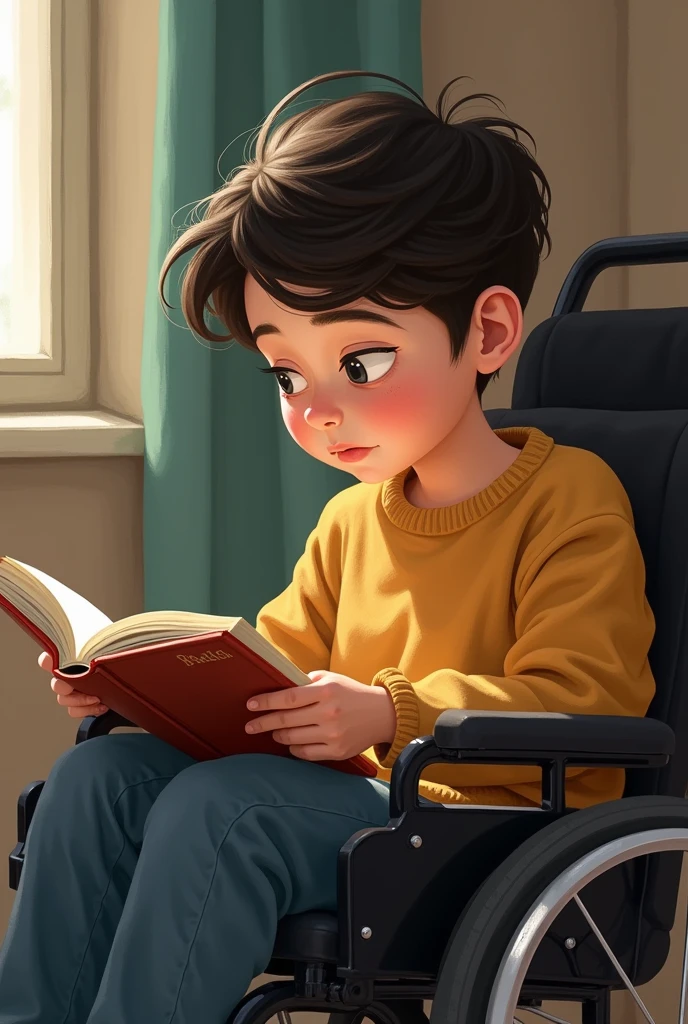 A boy reading book in the train