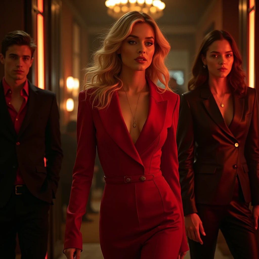 inspired by Devious Maids.In the center, the main character wears red, a brunette with wavy hair.To the right, there are two young women dressed in black:The one in the mid-ground is mixed-race with curly hair.The one in the background is white with straight hair.To the left, there are two young men dressed in black:The one in the mid-ground is tall, muscular, with a taper fade haircut and wavy brown hair.The one in the background has a platinum blonde buzz cut, brown eyes, pale skin, and scars.The background is inspired by Charmed and Twilight.