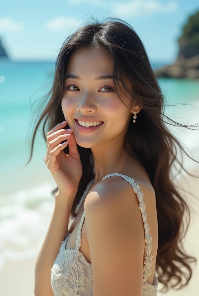 Arabian woman with dark hair and earrings smiling at the camera, Tadashi Nakayama photo, Instagram, What it is?, kimi takemura, Yoshitomo Nara, Lee Ji-eun, Lee Ji-eun, chiho ashima, Ishida Sui with black hair, Song Hye-kyo, Cute Korean Actresses,School Swimsuit,Dynamic pose