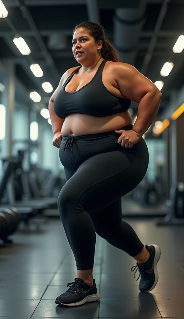 Fat woman in gym clothes is sad about the state of her body