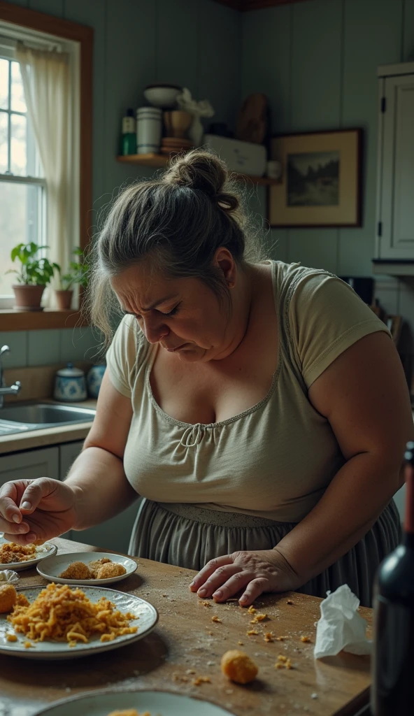 Woman 55 years old. Cry in kitchen. Big breasts. Chaos in kitchen.dirty kitchen. Cream on face