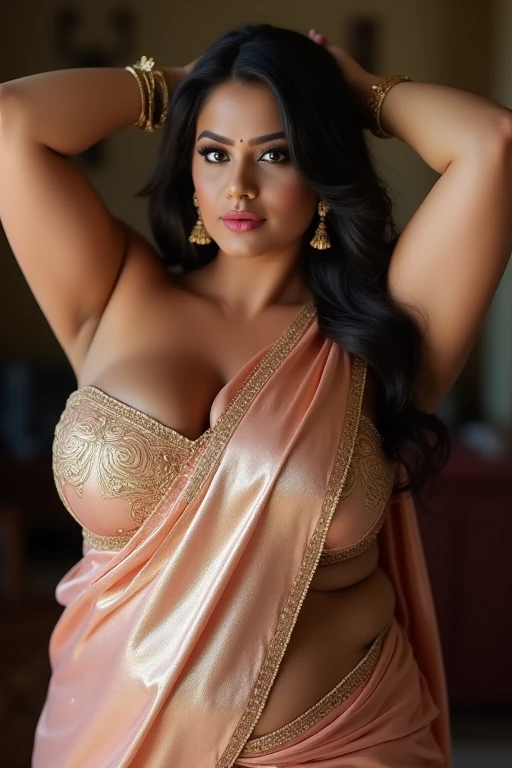 ((Indian woman, interior designer)), (30 year old), looks young for her age, beautiful face, ((oval face shape)), (slightly chubby cheeks), ((low cheek bone)), ((high forehead)), ((wide nose)),(small smile), (warm smile), posing seductively, (very sexy), fair skin toned body)),((both eyes sexy shape perfect colour)),((brunette curly long hair)),standing, ((having perfect round tits)),big wide ass,((having thin waist and big wide ass,perfect hour glass figure)),((looking straight to camera)),((Glittering red lehenga with tight skirt with shawl hanging over the shoulder exposing cleavage)),((4k quality,realistic high quality)), ((perfect hands)), ((perfect legs)), ((perfect fingers)), ((smooth skin)),((in a plain background photoshoot)),((hot and sexy poses)) expression