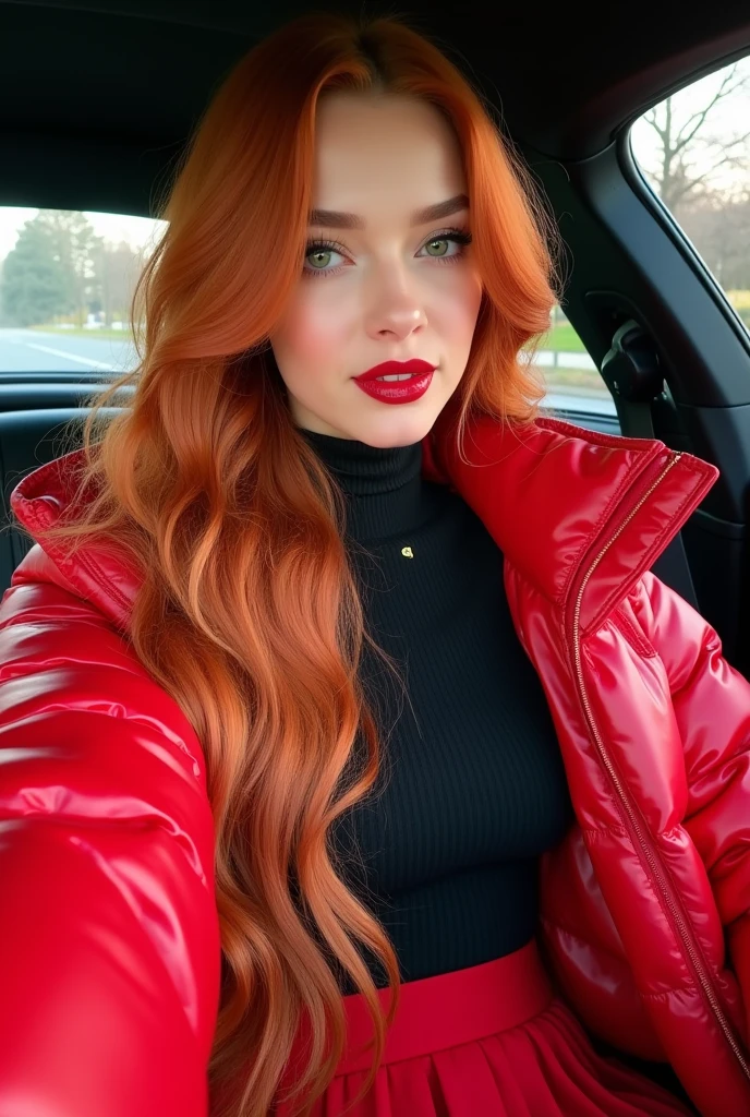 Best quality)), ((masterpiece)), (detailed), two eighteen years old, sitting in the back seat of the car , looking happily at the camera, both have red hair, dirty hair, both have cat ears, the woman on the left wears a tight crop top and a slightly off-the-shoulder jacket, the woman on the right is wearing a large sweater with her shoulders dropped, both wars and a short skirt and knee socks,