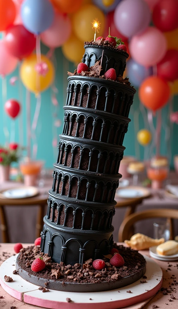 A black cake like the Leaning Tower of Pisa、Birthday Party