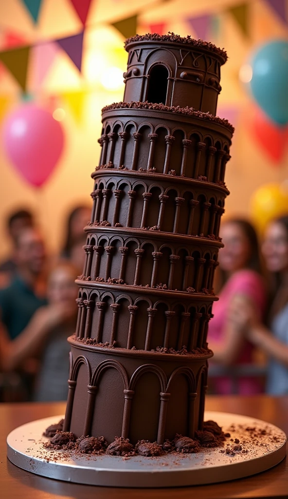 A black cake like the Leaning Tower of Pisa、Birthday Party