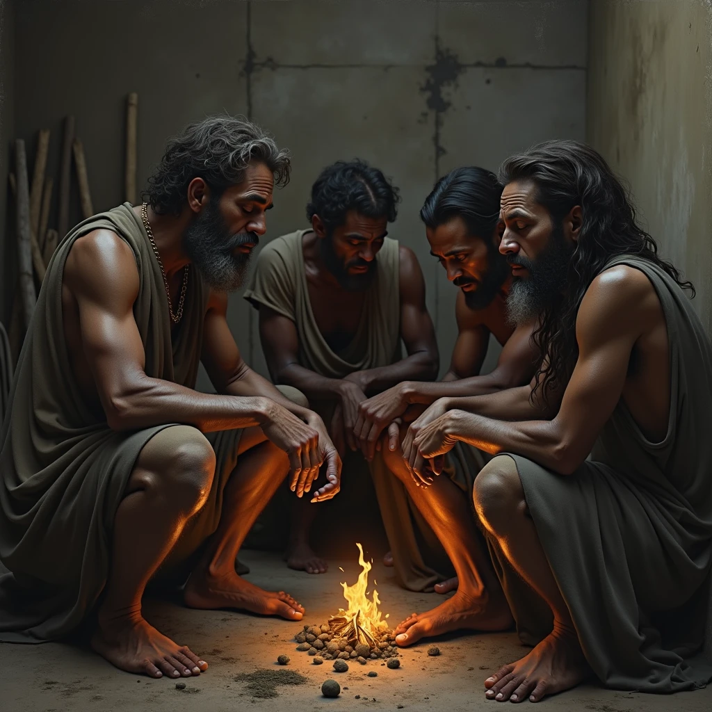 Create three people from ancient times in a cave