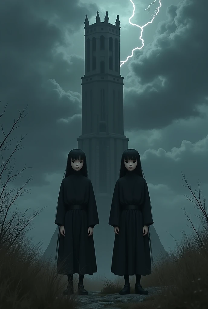  Gothic Fantasy Scenery 、 Two eerie black towers towering over the freezing wilderness、 Lightning Runs in the Sky with Dark Clouds Draping 、 Two Beautiful Girls in Black Standing Side by Side 、 Identical Twin Sisters、 Long Beautiful Black Hair 、Princess Cut with Bangs 、 Beautiful Exquisitely Drawn Faces 、Sharp and cold gaze、 Extremely Elaborate Gothic Lolita Fashion 、Ultra-detailed、 they love each other 、 cinematic lighting 、 Dark Fantasy Realism 、 Concept Art 、 professional photos 、Sharp focus、 vibrant colors、Cinematic