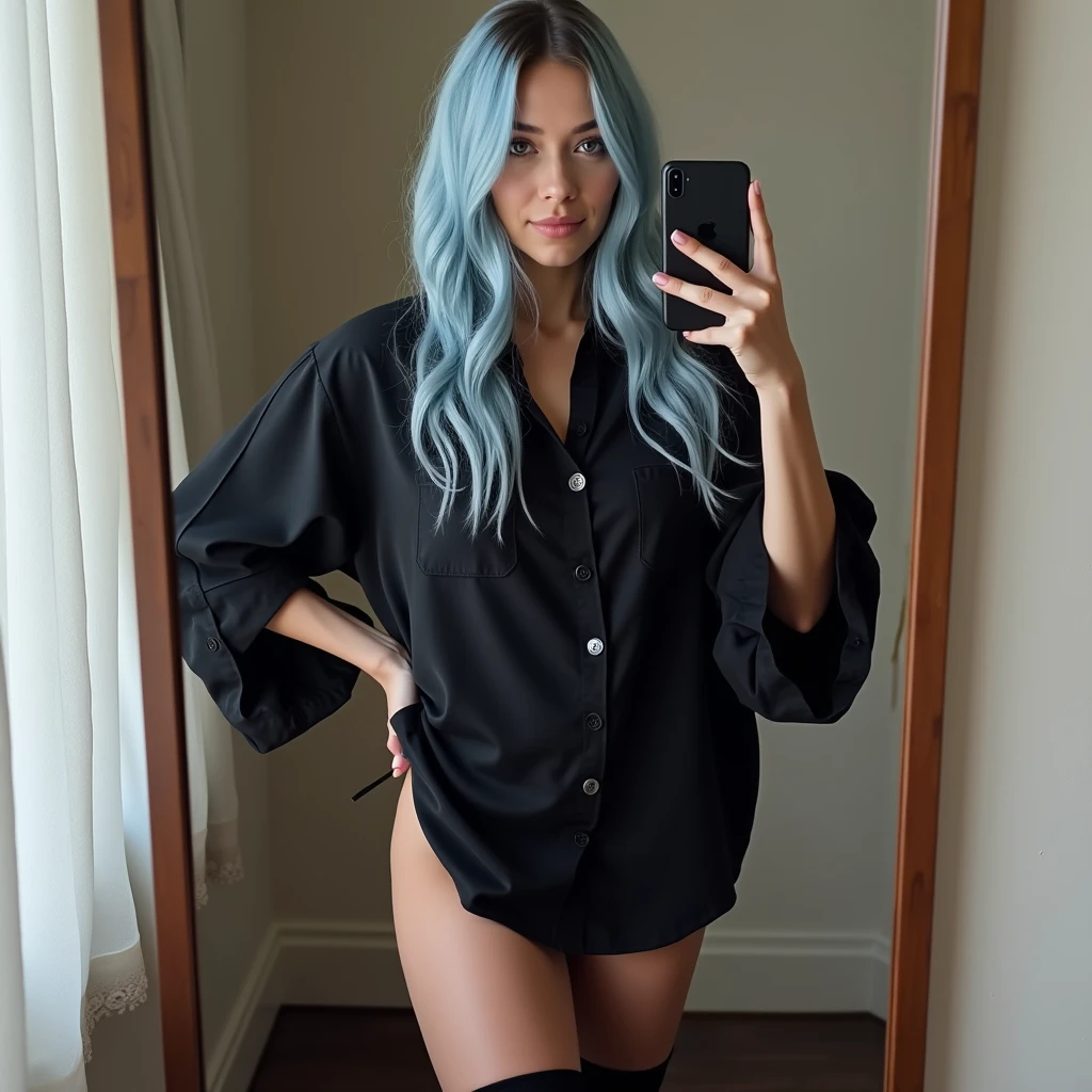 Create a full-body image of a woman with long, light blue hair. She is looking at herself in the mirror, her reflection has an old face, conveying an eerie and melancholic aura. The background is a gold red and orange overcast sky with galaxies and starts, adding to the somber mood of the scene. Render the image in 8K ultra-high resolution with high contrast and low saturation, emphasizing the detailed anatomy-based character design and the emotional depth of the composition.