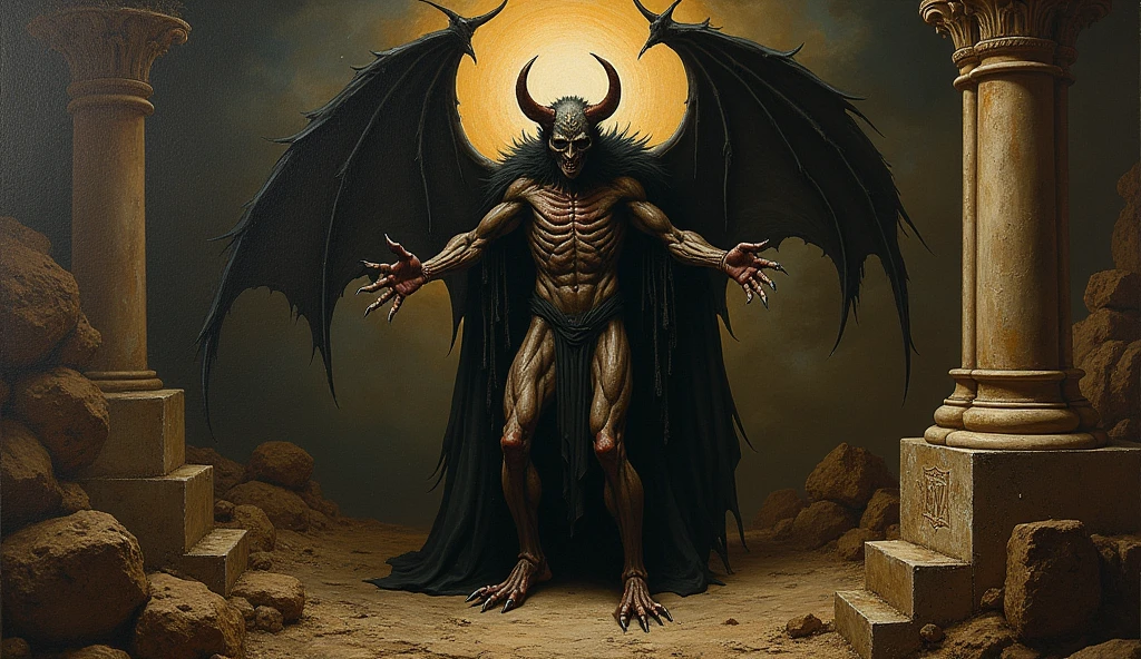 a surreal black and white oil painting of evil Baphomet in hell