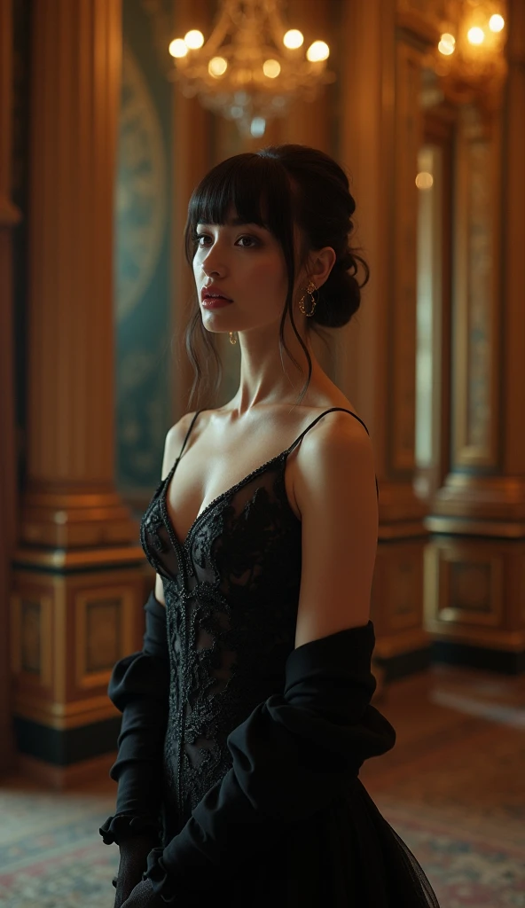 Victorian girl from the back with short messy hair,pele clara,paris,noite,vestido vitoriano vermelho,olhos fechados,lustre de luxo,espelho quebrado,detalhado