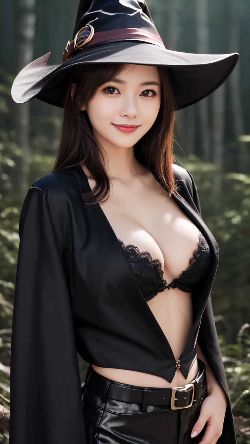 ( witch costume : 1.5), (slim upper body : 1.5), (Wear a black coat  : 1.5), , smile, (Dark Forest Backdrop  : 1.5), young and adorable Japanese face, Official Art, high definition CG Unity 8k wallpaper,Ultra high definition ,Very detailed, half photos with Brazil, high definition , Kodak Portrait 400, film grain , lens flare glow, best quality,8k, as a portrait shot,8k, Show viewer , ((Black cat beside  : 1.3)), (( best quality)), ( super detailed), smile, (( sexy)), (( Very detailedな)), (detailed clothing features), (beautiful), Illustration, beautiful Japanese woman, ((1 female)), (Bold Cleavage : 1.3)