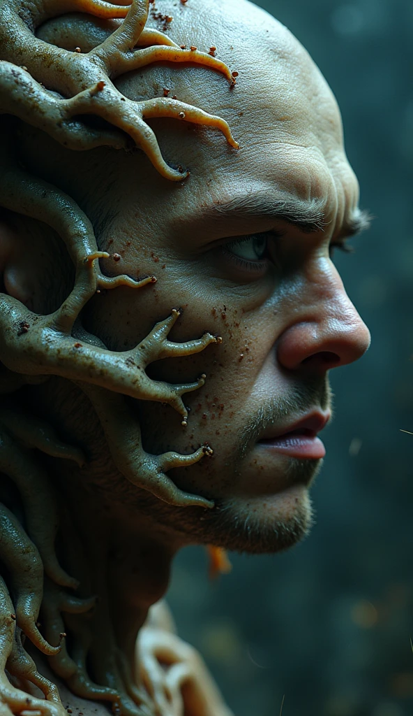 Close-up of a stocky, muscular male face infected by cordyceps fungus, with eerie and grotesque fungal growths emerging from his skin. The scene is unsettling and vividly detailed, evoking a sense of horror and dread. The environment is dark and dystopian, with surreal elements enhancing the creepy, otherworldly atmosphere. The infected face is partially obscured by twisted fungal tendrils, emphasizing the unsettling transformation.