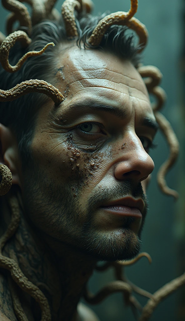 Close-up of a stocky, muscular male face infected by cordyceps fungus, with eerie and grotesque fungal growths emerging from his skin. The scene is unsettling and vividly detailed, evoking a sense of horror and dread. The environment is dark and dystopian, with surreal elements enhancing the creepy, otherworldly atmosphere. The infected face is partially obscured by twisted fungal tendrils, emphasizing the unsettling transformation.