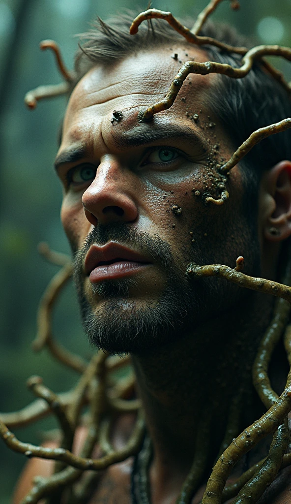 Close-up of a stocky, muscular male face infected by cordyceps fungus, with eerie and grotesque fungal growths emerging from his skin. The scene is unsettling and vividly detailed, evoking a sense of horror and dread. The environment is dark and dystopian, with surreal elements enhancing the creepy, otherworldly atmosphere. The infected face is partially obscured by twisted fungal tendrils, emphasizing the unsettling transformation.