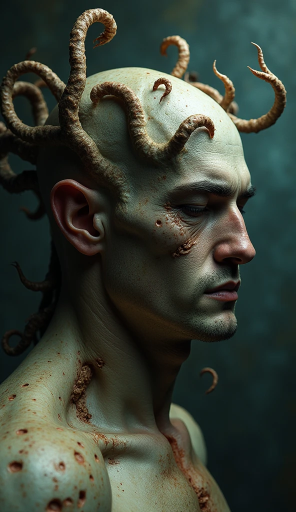 Close-up of a stocky, muscular male face infected by cordyceps fungus, with eerie and grotesque fungal growths emerging from his skin. The scene is unsettling and vividly detailed, evoking a sense of horror and dread. The environment is dark and dystopian, with surreal elements enhancing the creepy, otherworldly atmosphere. The infected face is partially obscured by twisted fungal tendrils, emphasizing the unsettling transformation.