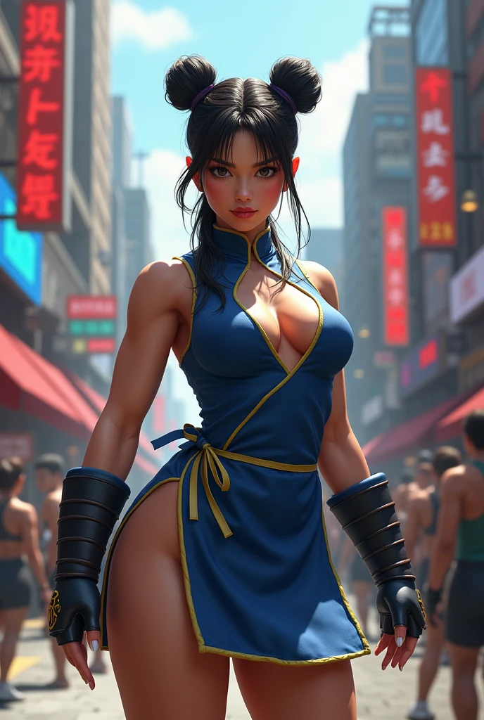 chunli dos street figther andando nas ruas da china, muita pipa,cidade, letreiros,chineses,predios altos.
