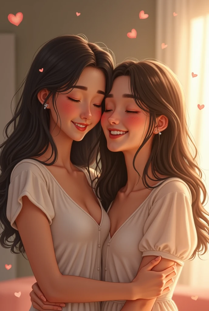 Drawing of two girlfriends,one with curly hair sitting on the other&#39;s lap