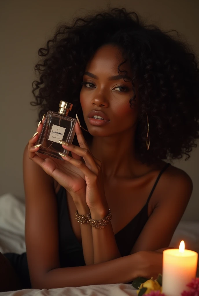 a photorealistic portrait of a beautiful ebony-skinned woman, naked, with a concentrated and passionate expression, holding a camera firmly as she focuses on an elegant crystal perfume bottle in a professional photography studio, soft and diffused lighting, minimalist background, sophisticated perfume bottle design with balanced reflections and shadows, the woman wearing tasteful jewelry, 8k quality, vivid colors, high level of detail, professional studio lighting, physically-based rendering