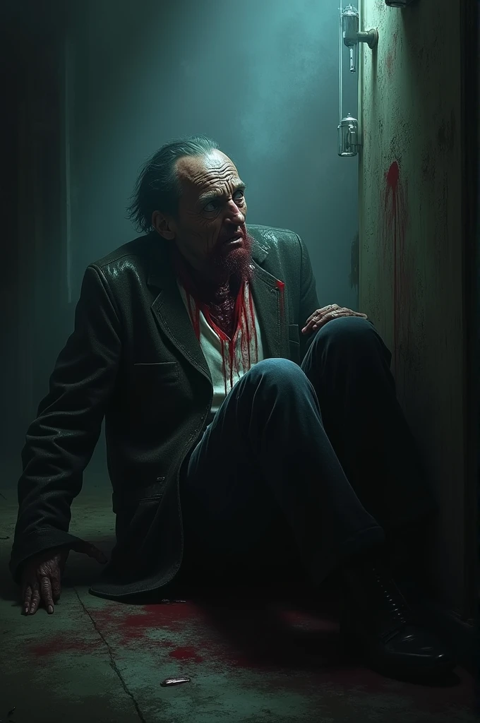 Man in his late 40s, murderer with a twisted expression, covered in blood, bizarre and eerie surroundings, 8k ultra-high-definition, realistically captured, murderer clothing disheveled, unkempt beard, bloodstained clothes, intense gaze, forensic evidence visible, detailed and lifelike, fingers clenched tightly, dark and ominous atmosphere.