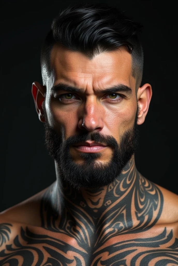 Chat gpt provide an image of a man with the following characteristics please;
one-ninety-eight White American Male Solid, sculpted muscles on every inch of his powerful body.
His black hair met his shirt collar gray eyes thick dark black hair thin scar cutting across his left eyebrow, giving a menacing touch to good looks.
shadow of a beard on his face, a hint of a tattoo escaping from both sleeves of his shirt.
