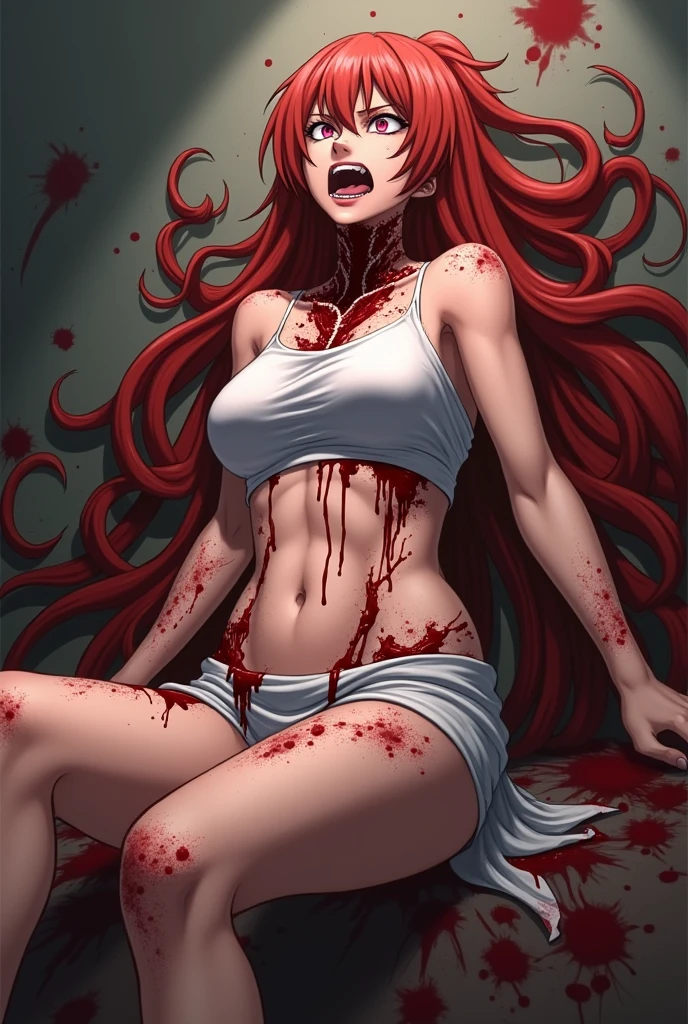 1girl,ctears,crying,fear,frightened face,{ mouth covered in blood,blood flows down,blood on chest,blood on the face,blood all over the body }<lora:blood:1>,lifting person,scolopendra on the neck,white bikini,pink hair,short hair, medium breasts,collarbone, narrow waist, green eyes,covered nipples,used tissue,covered body,(high detail face:1.4),<lora:scare_face:0.43>,big teeth, tongue out, (tentacles:0.1),looking at the camera,looks up and down,breast focus,bigeyes, dark forest background,,wide open mouth,parp of huge angel wings glow behind,angelic halo above the head,angelic glow,bottom of the corpse,angel,