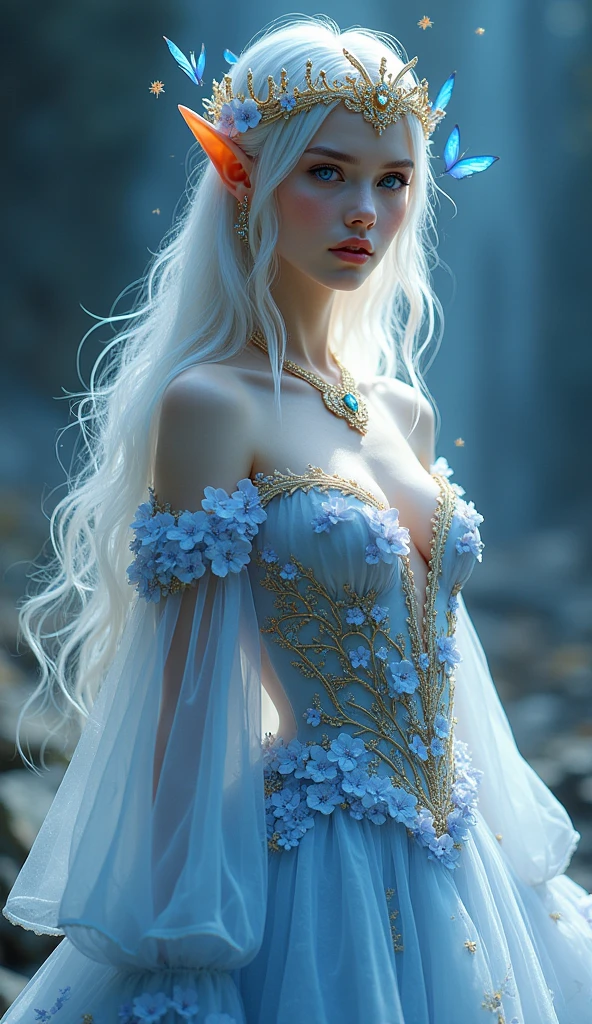 Female Elf Waist Shot, Convoluted, Slender face, Elegant, Wearing a sapphire necklace, White light dress with strap, Facing Camera, Highly detailed, Digital Painting, art  stations, Concept art, Smooth, Sharp Focus, art by artgerm and greg rutkowski and alphonse mucha, 8K, Volumetric fog, llight rays, lumen, Crank bokeh