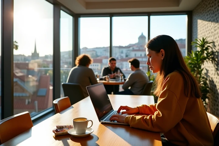 One girl, Mature Woman, Best, Highest quality, employment, Detailed face, Coffee shop, Large windows,relax,laptop,coffee,Wireless Earphones,Building seen from the window, Detailed Background, It&#39;s raining outside, Depth of written boundary, Bokeh