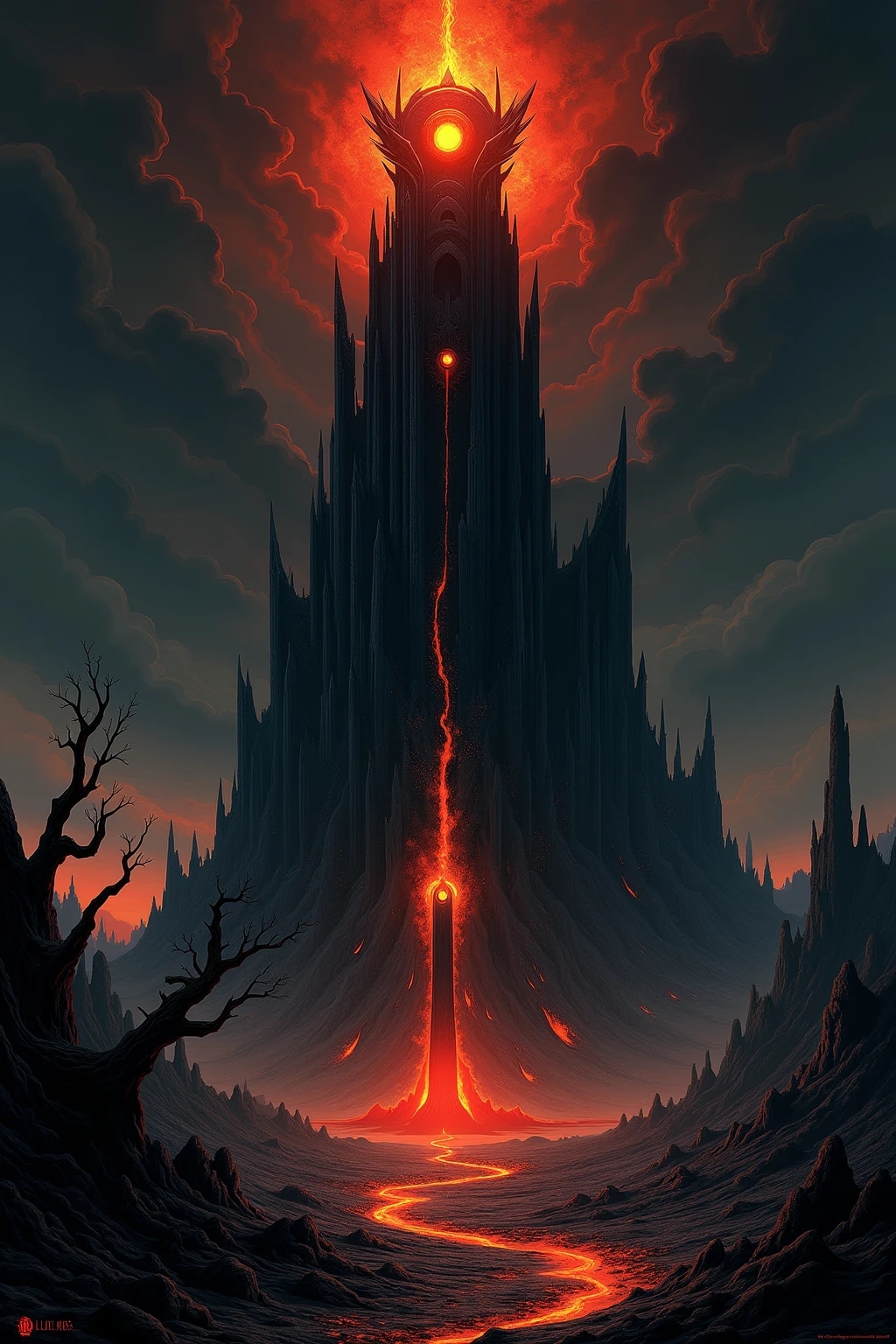 An imposing and sinister depiction of Barad-dûr, the Dark Tower of Sauron, dominating the desolate, ash-choked wasteland of Mordor. The fortress rises like a jagged spear from the earth, its colossal, blackened structure seemingly carved from the shadows themselves. The tower is adorned with spiked battlements, sharp edges, and cruel architecture that reflects its evil purpose.

At the summit of the tower, the fiery Eye of Sauron burns with an intense, unholy light, its piercing gaze sweeping across the land. The Eye is surrounded by dark, curling smoke and flickering flames, casting an oppressive red and orange glow over the highest spires of the tower. Jagged beams of light and shadow shoot outward, emphasizing the Eye’s watchful dominance.

The surrounding landscape is barren and lifeless, covered in jagged rocks and cracked earth, with rivers of molten lava snaking through the ground, their fiery glow contrasting against the dark, oppressive tones of the scene. The horizon is obscured by a thick wall of blackened clouds, pierced only by the occasional streak of lightning that momentarily illuminates the desolation.

In the distance, the massive silhouette of Mount Doom looms, its fiery eruption lighting up the sky with an apocalyptic glow. The faint outlines of twisted, skeletal trees and crumbling ruins dot the foreground, remnants of a world consumed by darkness.

Rendered in a polished digital style with intricate detailing, the image uses bold contrasts between deep blacks, fiery reds, and ominous oranges to emphasize the malevolence of Barad-dûr. The dramatic lighting and sharp textures capture the overwhelming presence of Sauron’s fortress, embodying the heart of evil in Middle-earth. Background: a throne-room, at the wall a black shield with three red dragons. 
 Use classic comic-style inking, with bold outlines and vibrant colors, polished with a glossy digital finish. The image should be highly detailed and should use contrasting light effects