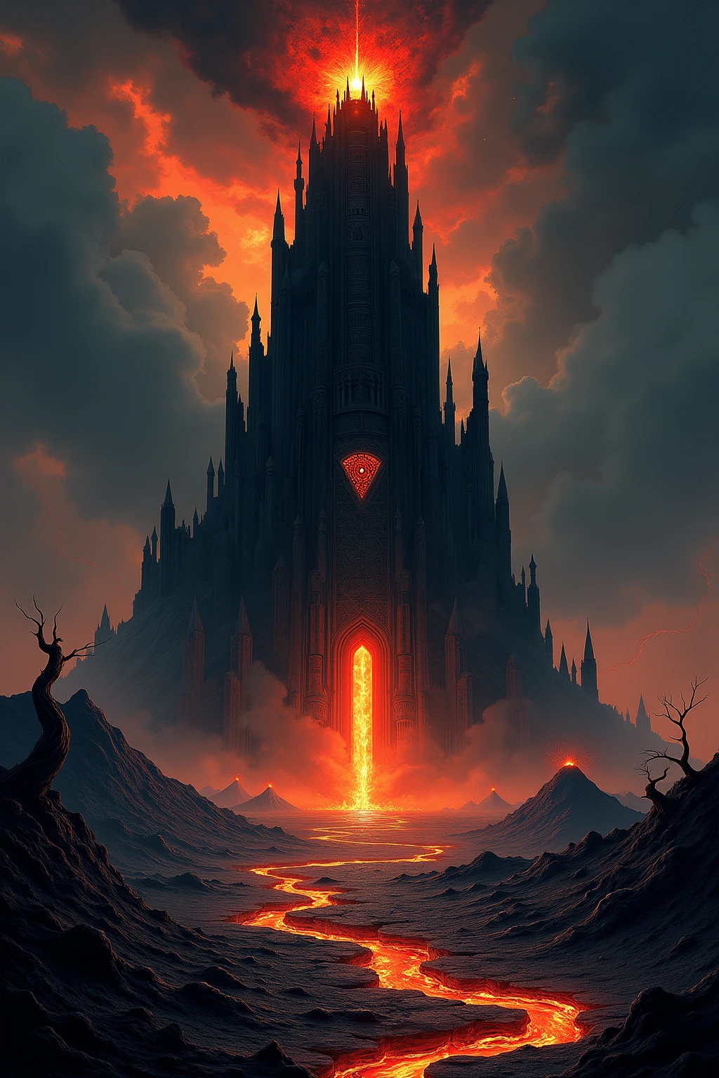 An imposing and sinister depiction of Barad-dûr, the Dark Tower of Sauron, dominating the desolate, ash-choked wasteland of Mordor. The fortress rises like a jagged spear from the earth, its colossal, blackened structure seemingly carved from the shadows themselves. The tower is adorned with spiked battlements, sharp edges, and cruel architecture that reflects its evil purpose.

At the summit of the tower, the fiery Eye of Sauron burns with an intense, unholy light, its piercing gaze sweeping across the land. The Eye is surrounded by dark, curling smoke and flickering flames, casting an oppressive red and orange glow over the highest spires of the tower. Jagged beams of light and shadow shoot outward, emphasizing the Eye’s watchful dominance.

The surrounding landscape is barren and lifeless, covered in jagged rocks and cracked earth, with rivers of molten lava snaking through the ground, their fiery glow contrasting against the dark, oppressive tones of the scene. The horizon is obscured by a thick wall of blackened clouds, pierced only by the occasional streak of lightning that momentarily illuminates the desolation.

In the distance, the massive silhouette of Mount Doom looms, its fiery eruption lighting up the sky with an apocalyptic glow. The faint outlines of twisted, skeletal trees and crumbling ruins dot the foreground, remnants of a world consumed by darkness.

Rendered in a polished digital style with intricate detailing, the image uses bold contrasts between deep blacks, fiery reds, and ominous oranges to emphasize the malevolence of Barad-dûr. The dramatic lighting and sharp textures capture the overwhelming presence of Sauron’s fortress, embodying the heart of evil in Middle-earth. Background: a throne-room, at the wall a black shield with three red dragons. 
 Use classic comic-style inking, with bold outlines and vibrant colors, polished with a glossy digital finish. The image should be highly detailed and should use contrasting light effects