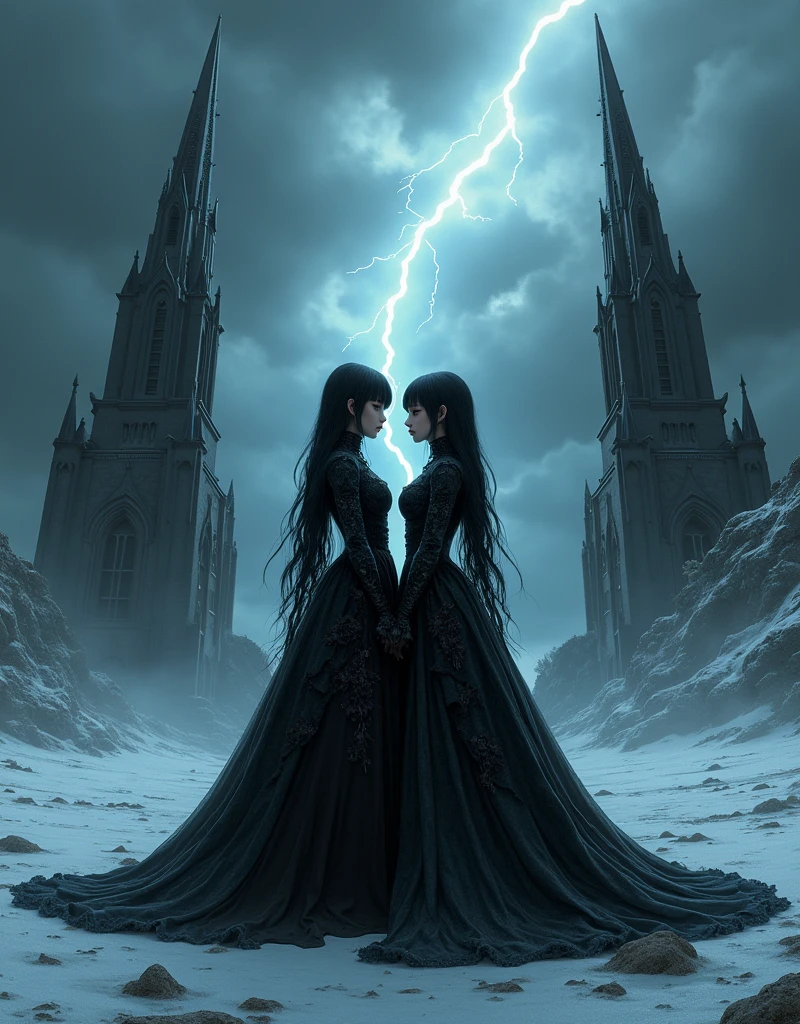  Gothic Fantasy Scenery 、 Two eerie black towers towering over the freezing wilderness、 Lightning Runs in the Sky with Dark Clouds Draping 、 Two Beautiful Girls in Black Standing Side by Side 、 Identical Twin Sisters、 Long Beautiful Black Hair 、Princess Cut with Bangs 、 Beautiful Exquisitely Drawn Faces 、Sharp and cold gaze、 Extremely Elaborate Gothic Lolita Fashion 、Ultra-detailed、 they love each other 、 cinematic lighting 、 Dark Fantasy Realism 、 Concept Art 、 professional photos 、Sharp focus、 vibrant colors、Cinematic