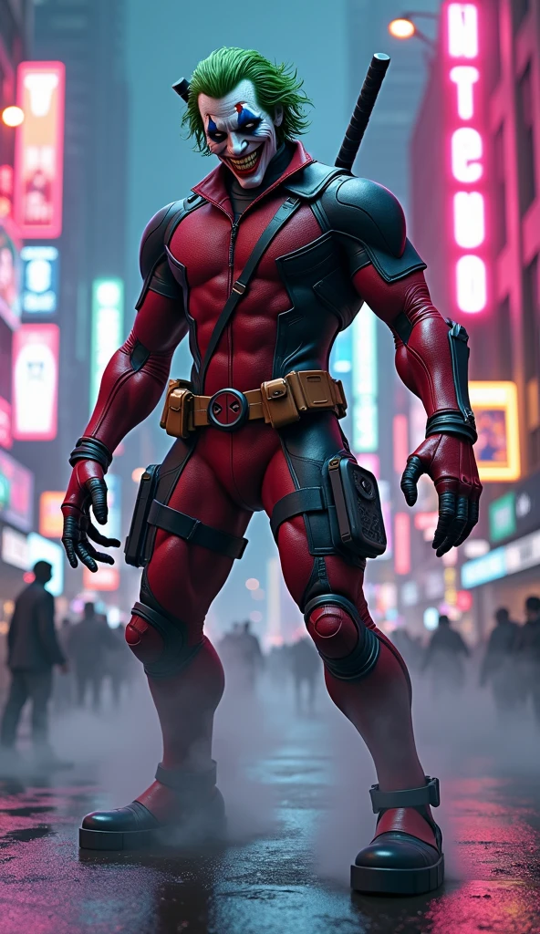 Deadpool wearing a jacket with boots with jeans with glasses with a scarf