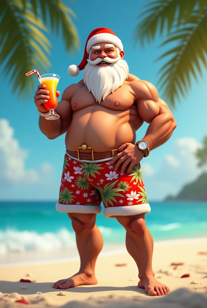 (Sunny, Beach vacation),((Santa clause (fat guy:1,5) sunbathe and enjoy the waves on a beach holiday)),[in shades, enjoying a cold drink], (white fluffy beard and rosy cheeks), (red swimming trunks and straw hat),(Sitting on a sun lounger),relaxation on the sandy beach, against the background(turquoise sea and palm trees),(clear blue sky),(with seagulls, Overhead Flight),(warm golden sand),children playing in the water,(Building sand castles),Boot tracks in the sand, soft ocean breeze and sound of the surf,[umbrella, shadow-giving],[beach towels and sunscreen bottles strewn everywhere][Best Quality,](,sun-drenched, ),[daytime lighting, joying](,warm, Natural sunlight)
